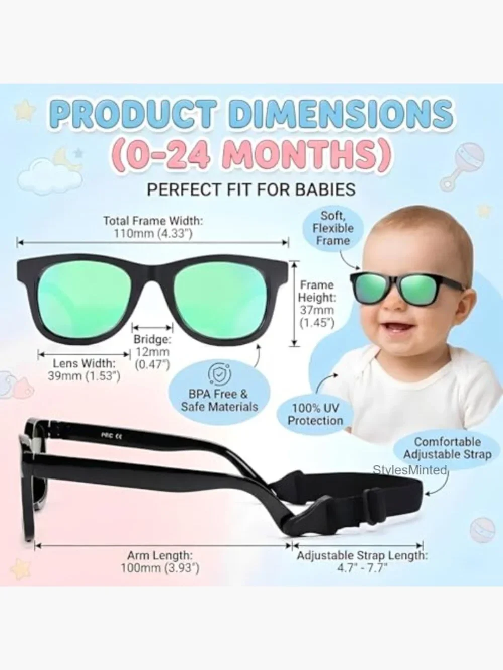 Polarized Baby Sunglasses with Strap Unbreakable Infant 0-12 Months